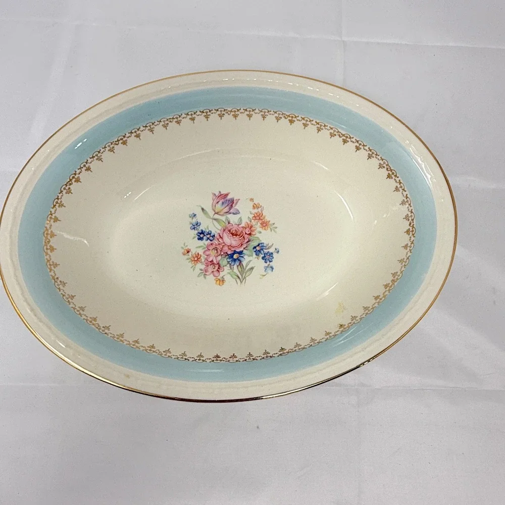 Homer Laughlin Eggshell Georgian Oval Vegetable Bowl Blue Gold Floral 9 1/4
